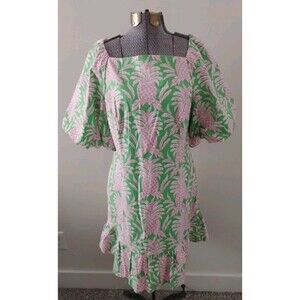 Crown & Ivy Dress Womens Pineapple Print Cotton Puff Sleeve Ruffle 12 Pink Green